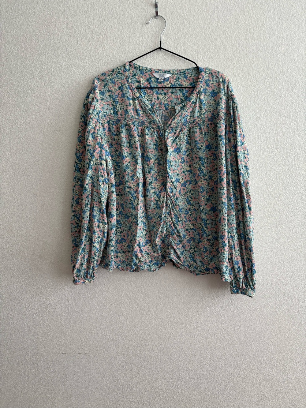 Pastel Floral V-Neck Peasant Blouse - Pink & Blue